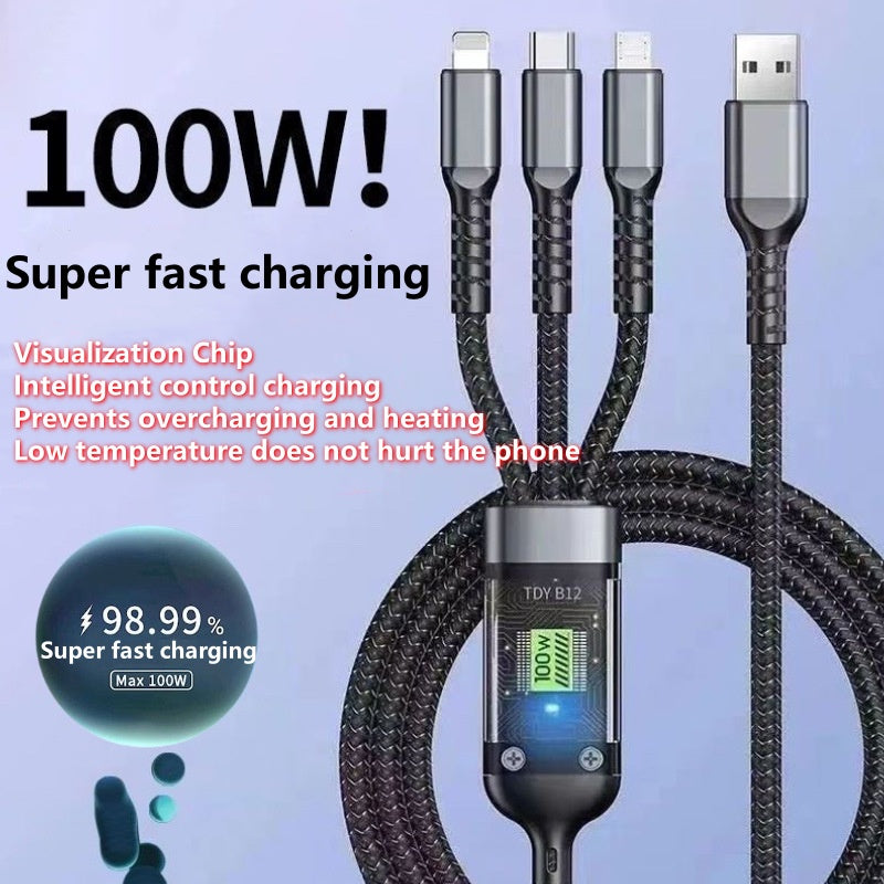 🔥3-in-1 Smart Transparent Visible Chip Data Cable-100W Super Fast Charging